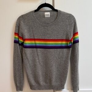 MADELEINE THOMPSON Gray Crewneck Sweater with Rainbow Chest Stripe, cashmere